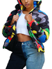 Jaune Puffer Coats Court Stand Col Zipper Manches Longues Camouflage Casual Hiver Coat