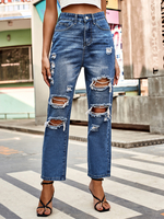 Jean déchiré pour femme taille naturelle bas en denim droit décontracté 2025