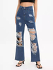 Jean Femme en Denim Pantalons Longs Creusant Coupe Cintrée à Zip avec Poches Unicolore
