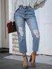 Jeans Taille Haute Femme Bleu Clair Avec les Boutons Déchirures Jeans Pantalons Taille Bas Femme