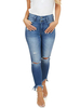 Jeans Taille Haute Femme Bleu Clair Avec les Boutons Déchirures Jeans Pantalons Taille Haute avec Franges Femme