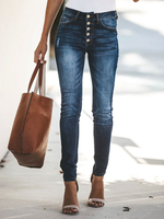 Jeans Taille Haute Femme Bleu Foncé Avec les Boutons Déchirures Jeans Pantalons Taille Haute Femme