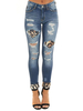 Jeans Taille Haute Femme Bleu Foncé Imprimés Moulants Avec les Boutons Déchirures Jeans Pantalons Taille Bas Femme