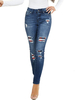 Jeans Taille Haute Femme Bleu Foncé Moulants Avec les Boutons Déchirures Jeans Pantalons Taille Bas Femme