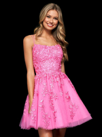 Jolie avec robe de soirée courte A-ligne sans bretelles sans manches dos nu dentelle robe de soirée en polyester
