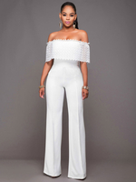 Jumpsuit 2021 blanc féminin hors la combinaison Dressy épaule à jambe large