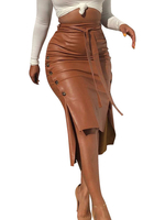 Jupe en Cuir Sexy Femme Mi-longues Coupe Cintrée à Lacets Décors avec Boutons Fente Latérale Unicolore