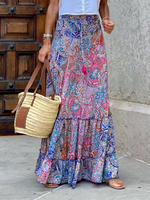Jupe Femme Bleu Volants Imprimé Fleuri Longue Taille Haute