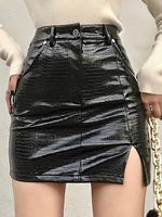 Jupe femme noire à glissière en cuir PU taille courte surélevée bas évasé extensible