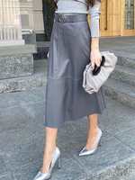 Jupe femme violet foncé en cuir Synthétique mi-mollet longueur automne et hiver bas décontractés