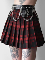 Jupe gothique pour femmes Chaînes rouges Oeillets Motif à carreaux Jupe plissée en polyester gothique