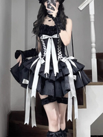 Jupe Lolita gothique pastel à volants et nœuds imprimé papillons blocs de couleurs style romantique