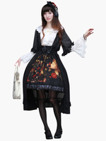 Jupe lolita noire en coton imprimé fleuri avec noeud Déguisements Halloween