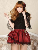Jupe Lolita rouge à volants et nœud à carreaux avec bordure en dentelle Classic Lolita SK Déguisements Halloween