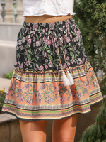 Jupe pour femme noire à lacets en polyester imprimé longueur au genou taille surélevée bas dété extensible