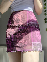 Jupe pour femme rose rouge à volants en polyester imprimé taille courte surélevée bas évasé asymétrique