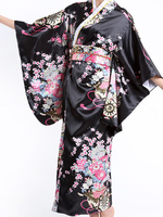Kimono Noir Femme En Satin Imprimé Fleuri Déguisements Halloween Carnaval