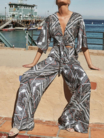La moitié noir bloc de couleur à encolure en V manches lacées Polyester large cordon de serrage été One Piece Outfit