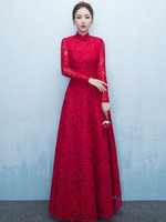 Lace Mère de la robe de mariée Bourgogne High Collar Occasion Dress Long Sleeve A Line Wedding Guest Dresses Cadeau pour maman