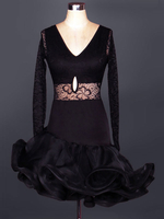 Latin Dance Costume dentelle V cou manches longues découper deux tons volants robe de danse latine Bodycon Déguisements Halloween
