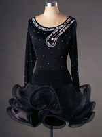Latin Dance Costume Organza à encolure dégagée manches longues strass perles découpez à volants robe de danse latine Déguisements Halloween