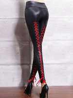 Legging Femmes Elastique Long à Cuir Synthétique Vernis Décoration avec Les Lacets à Noeuds Bicolores Sexy Legging Femmes