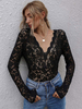 Les femmes Chemisier polyester noir col V Tops Manches longues