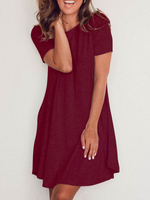 Les femmes T-shirt manches Robes Bourgogne CottonShort Jewel Neck Robe courte