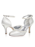 Élégantes chaussures de mariage à bride de cheville en satin ivoire en deux parties chaussures de mariée à talons aiguilles avec des perles