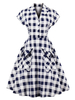 Élégente robe vintage rétro blanche à carreause avec poches col V