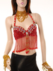 Licol rouge danse du ventre Costume Fringe Nylon Crop Top pour femmes Déguisements Halloween