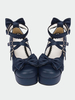 Lolita bleu marine poney Chunky talons chaussures Platform cheville sangles Boucles boucles de forme de coeur Déguisements Halloween