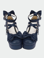 Lolita bleu marine poney Chunky talons chaussures Platform cheville sangles Boucles boucles de forme de coeur Déguisements Halloween