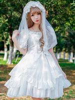 Lolita mariage robe OP blanc manches courtes en mousseline de soie Lolita One Piece Déguisements Halloween