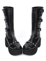 Lolita noir bottes talon Chunky mi veau Platform Gothic Lolita bottes avec poches embellis Déguisements Halloween