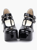 Lolita noir brillant talons chunky chaussures plate-forme chaussures brides de cheville boucles arc coeur creux