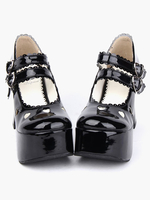 Lolita noir brillant talons chunky chaussures plate-forme chaussures brides de cheville boucles arc coeur creux
