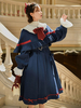Lolita Poncho Manteaux Bleu Marine Foncé Col Nœuds Rouge Polyester Lolita