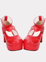 Lolita rouge Pony Chunky talons chaussures Platform cheville coeur forme Decor boucle bout rond Déguisements Halloween