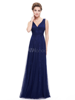 Long de demoiselle d’honneur robe éblouissante dentelle bleue V Neck une ligne drapé robe mariage