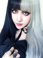Longues perruques de cheveux Lolita droites en noir et blanc avec frange Déguisements Halloween