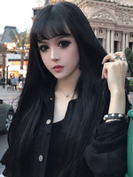 Longues perruques de cheveux Lolita en fibre résistante à la chaleur noire avec perruques émoussées Déguisements Halloween