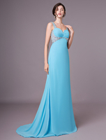 Longues robes de bal Aqua en strass avec perles en mousseline de soie couper les robes de soirée avec train