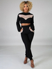 Loungewear noir pour femmes Costume décontracté à manches longues en polyester à col bijou 2 pièces