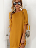 Magnétique robe droite casual en polyester unicolore avec lacets col rond