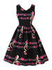 Magnétique robe vintage moyenne brillante noire imprimé coeur plissée col V