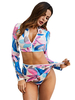 Maillot de Bain Grandes Taille Deux Pièce Imprimés Florales à Col Montant à Zip avec Manches Longues Multicolores Etés Sexy