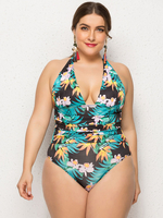 Maillot de Bain Grandes Taille Une Pièce Imprimés Florales avec Bretelles à Col Décolleté en V avec Dos Nu à Lacets Multicolores Sexy Etés