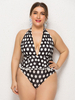 Maillot de Bain Grandes Taille Une Pièce Imprimés Pois avec Bretelles à Col Décolleté en V avec Dos Nu à Lacets Bicolores Sexy Etés