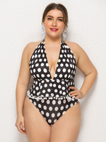 Maillot de Bain Grandes Taille Une Pièce Imprimés Pois avec Bretelles à Col Décolleté en V avec Dos Nu à Lacets Bicolores Sexy Etés